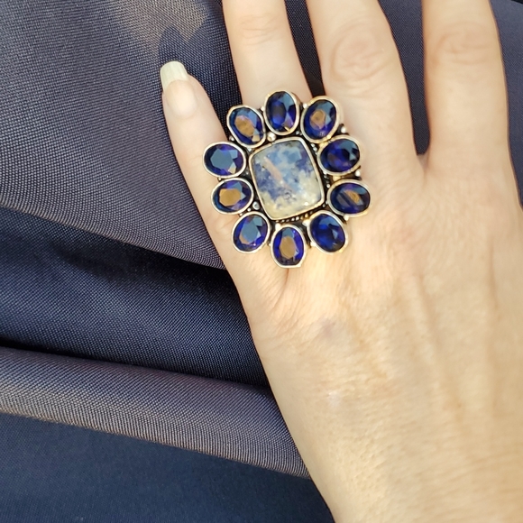 New Oversized Sodalite & Blue Topaz 925 Silver Statement Ring. - Picture 6 of 15